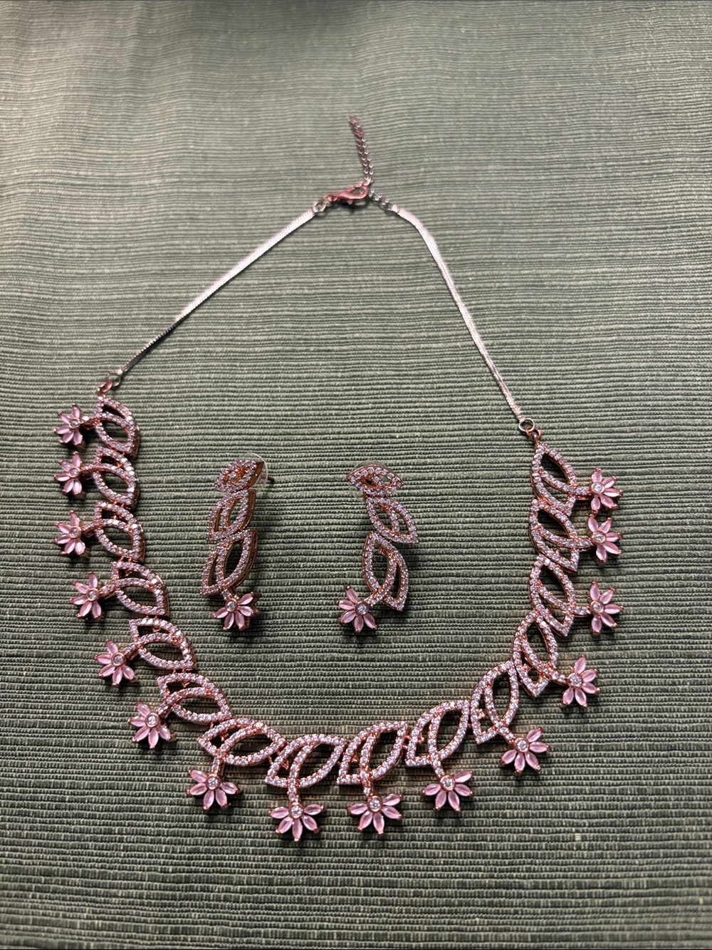 Pink Floral Crystal Necklace and Earring Set by